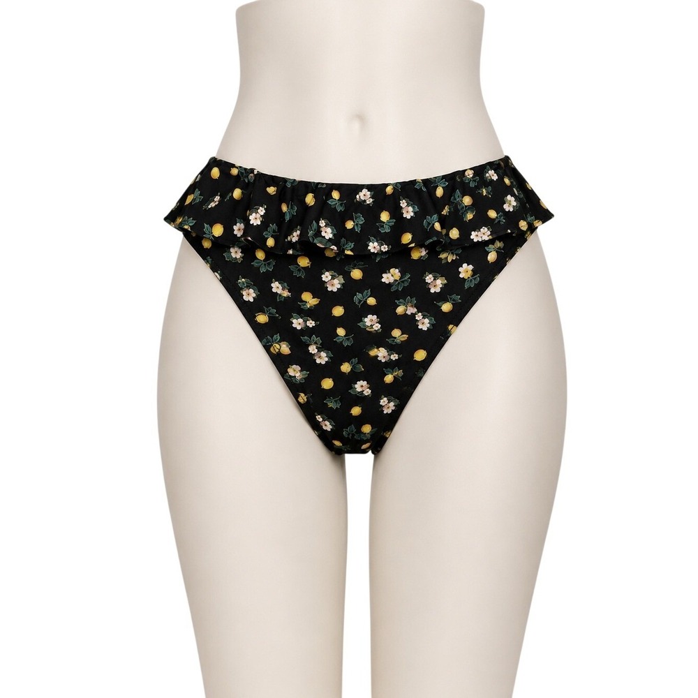 Victorias Secret Womens Black Lemon Floral Ruffle High Leg Bikini Bottom Size M